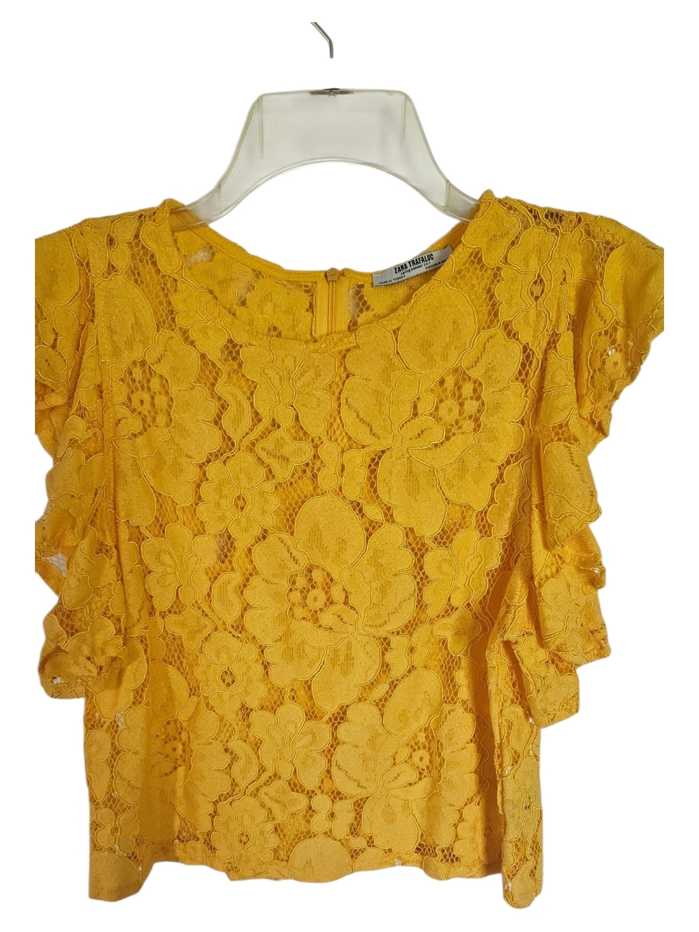 Zara Mustard Yellow Floral Lace Ruffle Sleeve Top